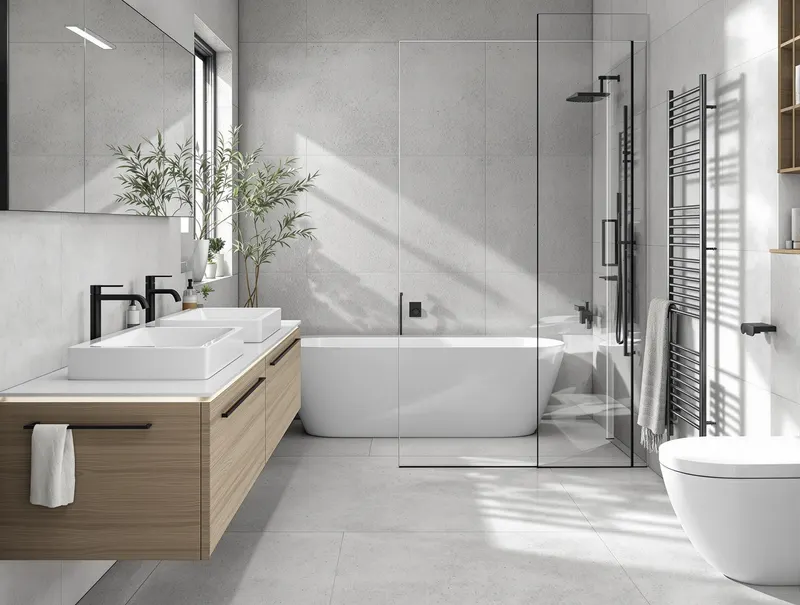 Betonlook PVC vloer badkamer Utrecht Lichtgrijze betonlook PVC vloer in eigentijdse badkamer Utrecht, minimalistisch design, moderne armaturen, clean esthetiek, natuurlijk daglicht, waterdichte industriële stijl vloer