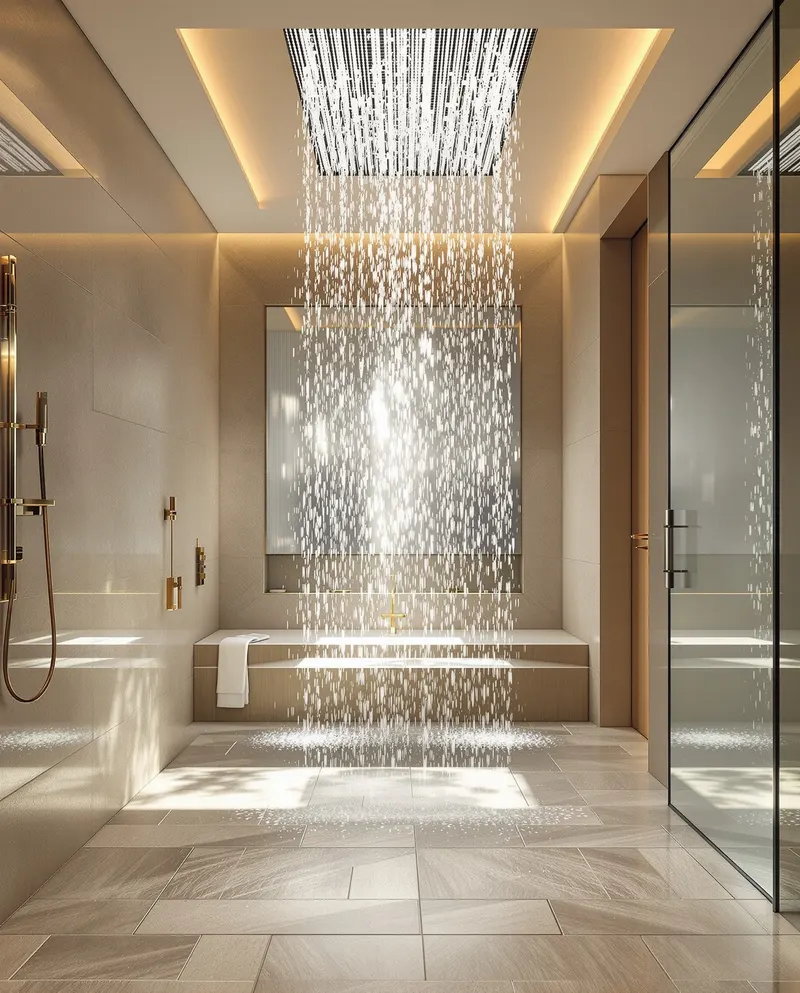 100% Waterbestendige PVC vloer badkamer Waterbestendige PVC steenlook vloer in moderne spa badkamer Rotterdam met stoom en waterdruppels, natuurlijk licht, serene sfeer, demonstratie van waterbestendigheid, luxe wellness ruimte