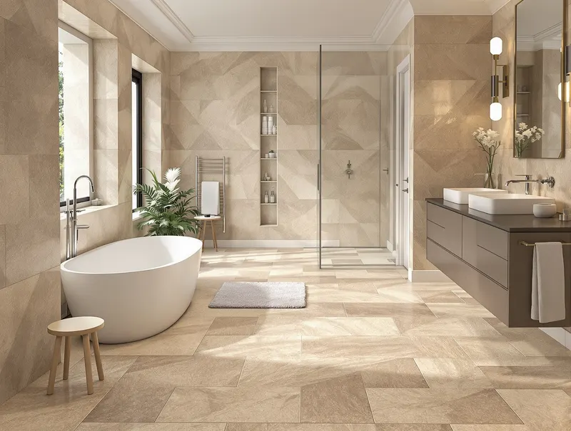 Steenlook PVC vloer badkamer Amsterdam Natuurlijke steenlook PVC vloer in moderne badkamer Amsterdam met warme beige kalksteen textuur, spa sfeer, clean design, natuurlijk licht, waterdicht oppervlak, luxe wellness interieur