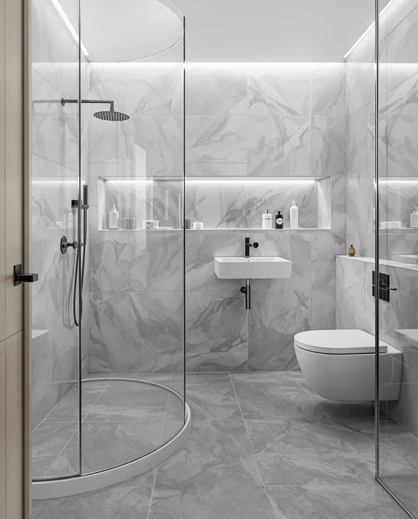 Betonlook PVC vloer in luxe badkamer Utrecht met spa-sfeer, waterdicht, antislip, moderne armaturen, grijs beton, minimalistisch design, serene atmosfeer