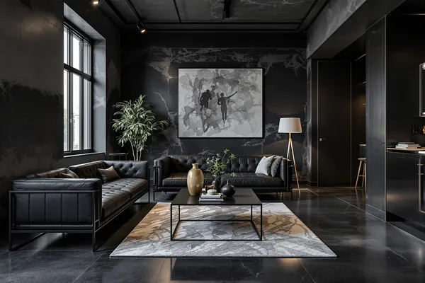 Donkere Betonlook PVC vloer - €78-85/m² Donkere betonlook PVC vloer in luxe industrieel penthouse Utrecht met dramatische verlichting, zwart stalen meubels, leren bank, moody atmosfeer, diepe grafietgrijze textuur