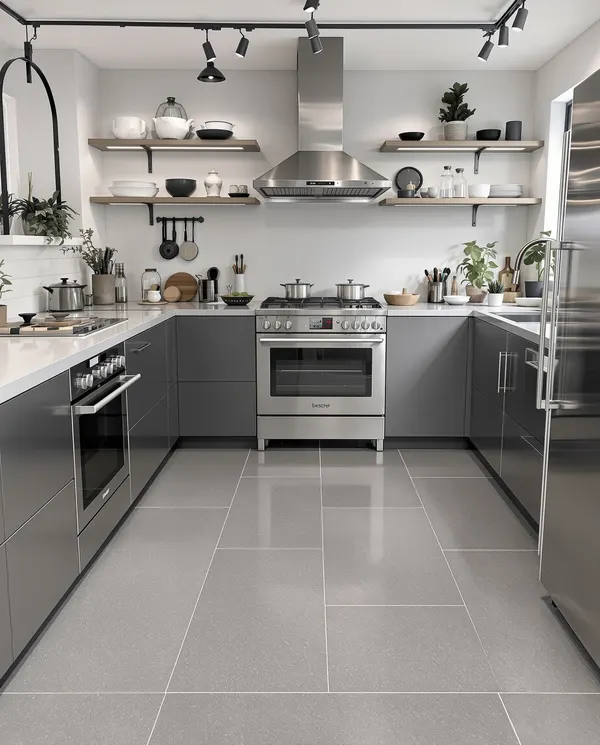 Betonlook PVC vloer in industriële keuken Rotterdam met moderne apparaten, roestvrij staal, waterdichte vloer, praktisch elegant, grijze beton textuur