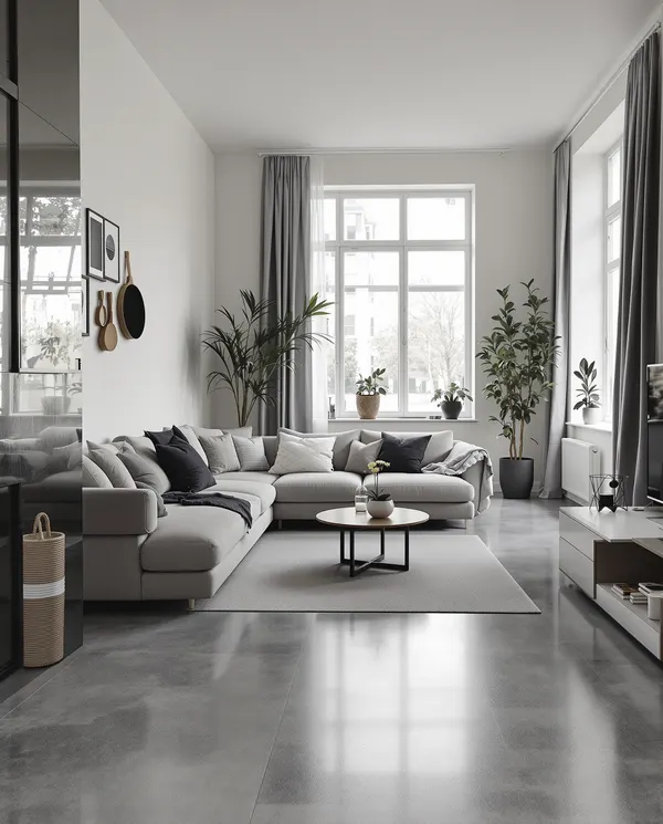 Betonlook PVC vloer in moderne woonkamer Amsterdam met grote ruimte, comfortabele bank, minimalistisch decor, natuurlijk licht, urbane stijl, grijze tinten, gezellige sfeer