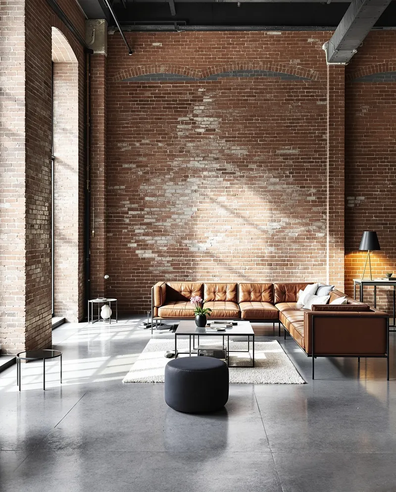 Moderne betonlook PVC vloer in industriële woonkamer Amsterdam met grote ruimte, hoge plafonds, metalen meubels, leren bank, zichtbare bakstenen, natuurlijk daglicht, urbane verfijning