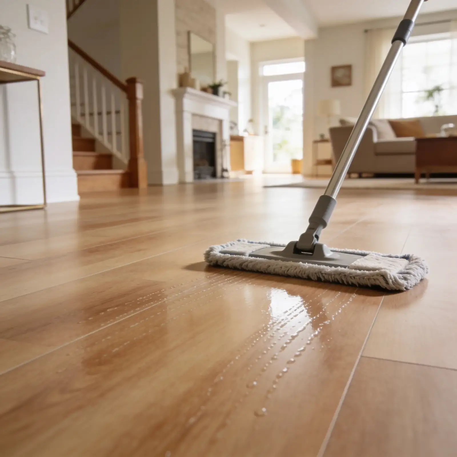 PVC vloer onderhoud - professionele schoonmaak met microfiber mop en reinigingsproducten in moderne woonkamer