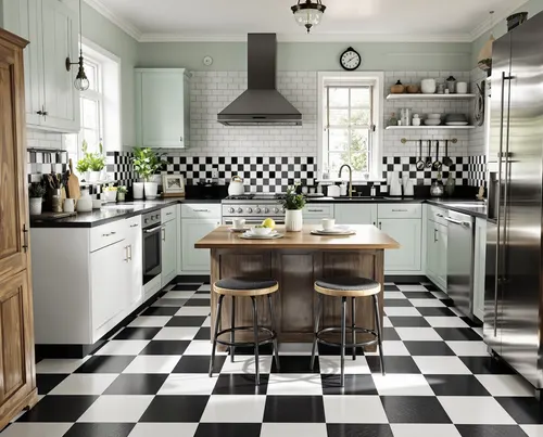 Checkerboard PVC vloer met zwart wit tegels patroon in retro vintage keuken