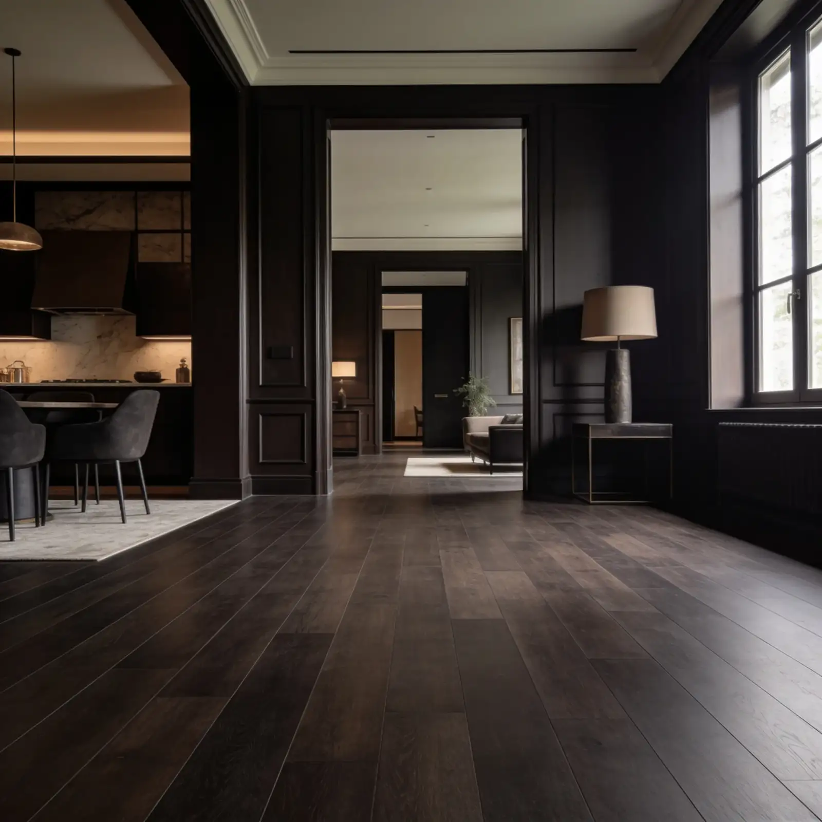 Donkere houtlook PVC vloer in luxe woonkamer