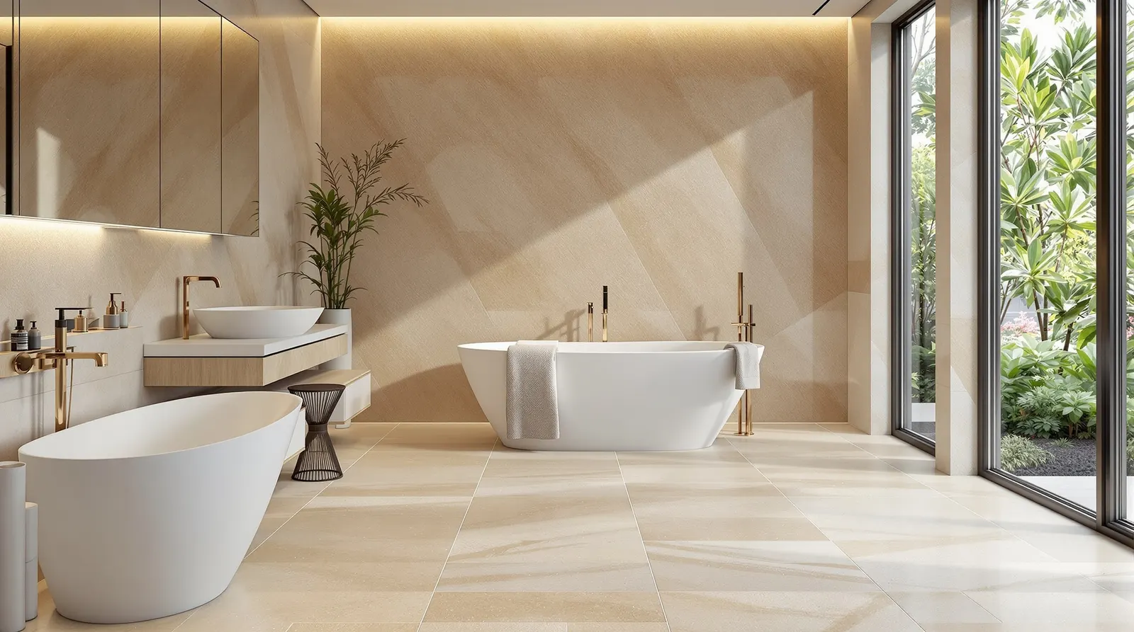 Waterbestendige PVC vloer badkamer Amsterdam 100% waterbestendige PVC steenlook vloer in luxe spa badkamer Amsterdam met natuurlijke kalksteen textuur, moderne armaturen, natuurlijk daglicht, clean minimalistisch design, serene atmosfeer, premium kwaliteit