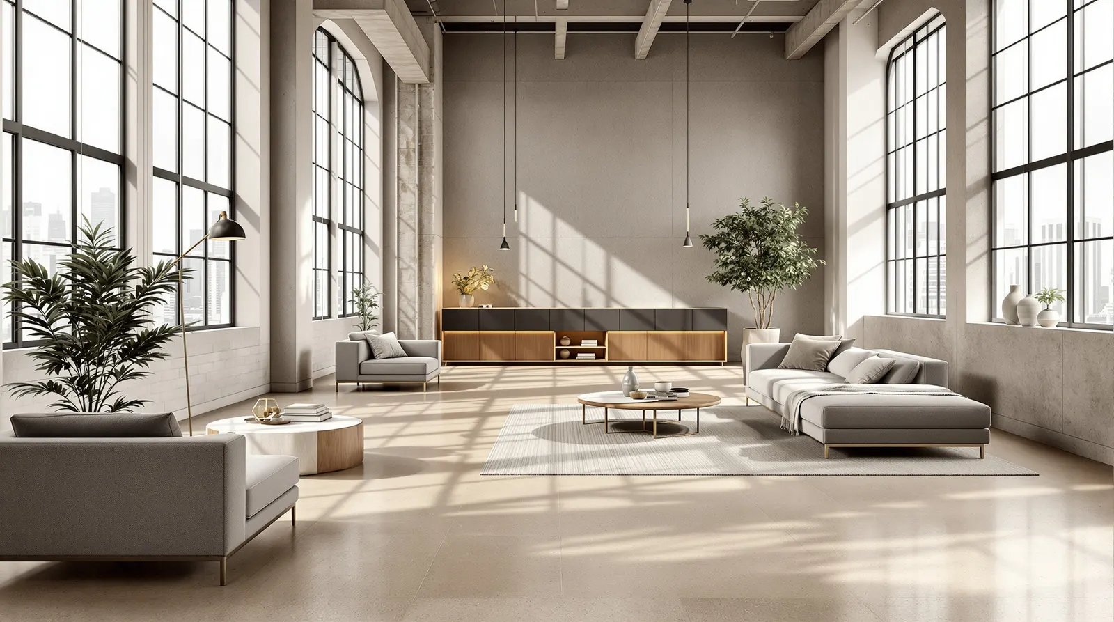 Moderne PVC vloer betonlook in industriële loft Amsterdam Rotterdam Utrecht met grote ramen, natuurlijk daglicht, strak meubilair, urbane verfijning, ruwe beton textuur, eigentijds design