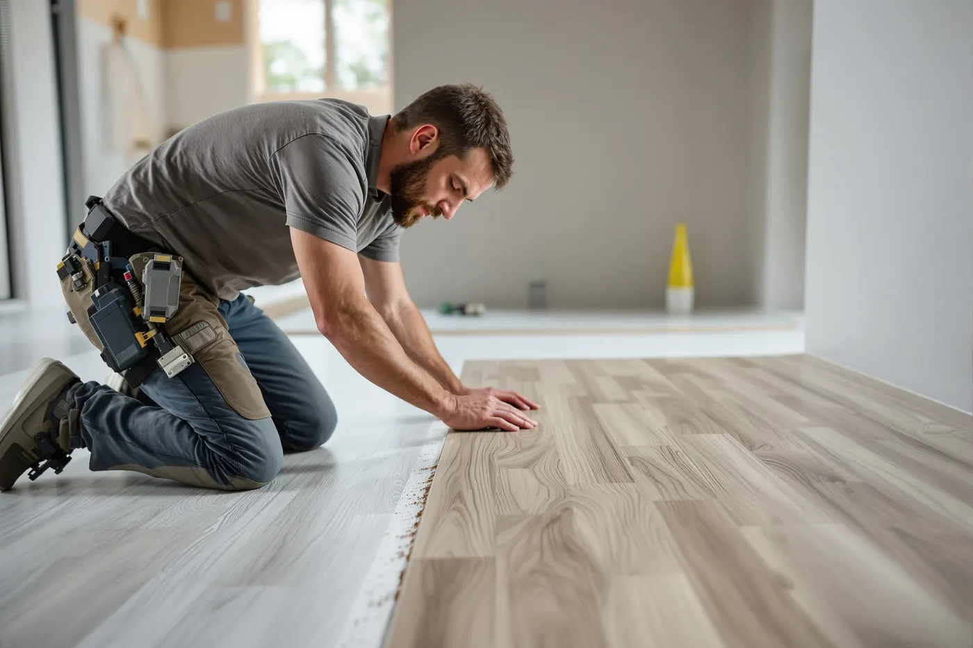 Professionele vloerlegger aan het werk met PVC vloer installatie, vakman legt planken met precisie - ervaren installateurs van PVCvloer.net