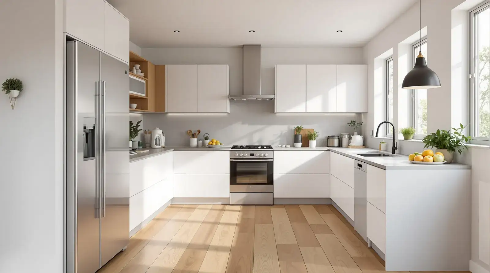 Premium waterbestendige PVC houtlook vloer in moderne minimalistische keuken Amsterdam met witte kasten, roestvrijstalen apparaten, natuurlijk daglicht, clean functioneel design, warme eiken tinten, eigentijds interieur, gezinsvriendelijke kookruimte