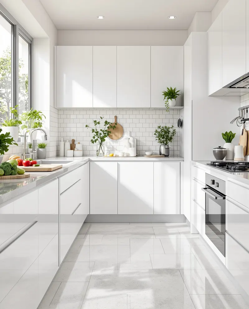 Smetteloos schone moderne keuken Rotterdam met hygiënische PVC vloer, voedselbereiding gebied, snijplank met verse groenten, schone werkbladen, helder natuurlijk licht, georganiseerde kookruimte, gezinsvriendelijke omgeving, eigentijds design