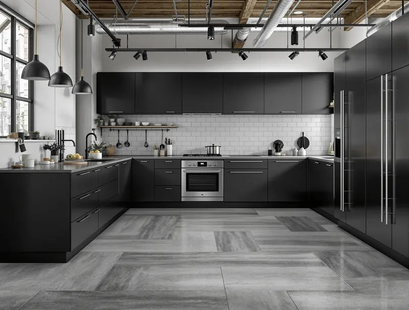 Moderne industriële keuken Rotterdam met betonlook PVC vloer, donkergrijze tinten, zwarte kasten, roestvrijstalen apparaten, minimalistisch design, urban loft stijl, eigentijds interieur, professionele kookruimte
