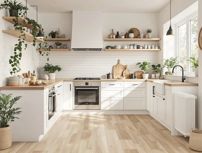 Warme Scandinavische keuken Utrecht met lichte eiken PVC houtlook vloer, witte kasten, houten werkbladen, natuurlijke materialen, gezellige sfeer, planten, natuurlijk daglicht, minimalistisch design, gezinsvriendelijke kookruimte