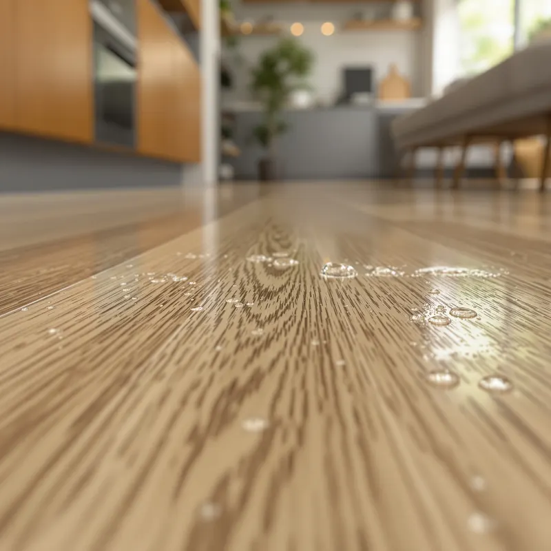 Close-up detail van 100% waterbestendige PVC houtlook vloer in moderne keuken Amsterdam met waterdruppels die parelend op oppervlak blijven, demonstratie van waterbestendigheid, warme eiken textuur, natuurlijke verlichting, hoogwaardige materiaal kwaliteit