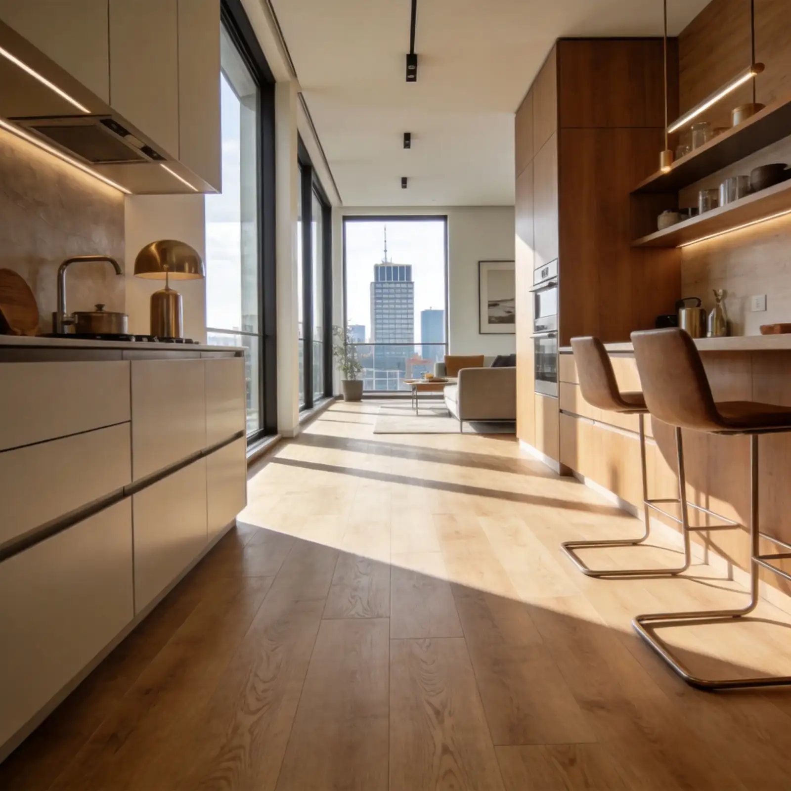 PVC vloer specialist Rotterdam - Moderne woningen en renovaties PVC vloer laten leggen Rotterdam - Professionele installatie in modern appartement met strakke inrichting, grote ramen en natuurlijk licht