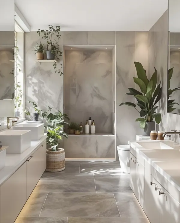 Luxe spa badkamer kalksteen PVC vloer vrijstaand bad natuurlijk licht planten elegant serene Amsterdam