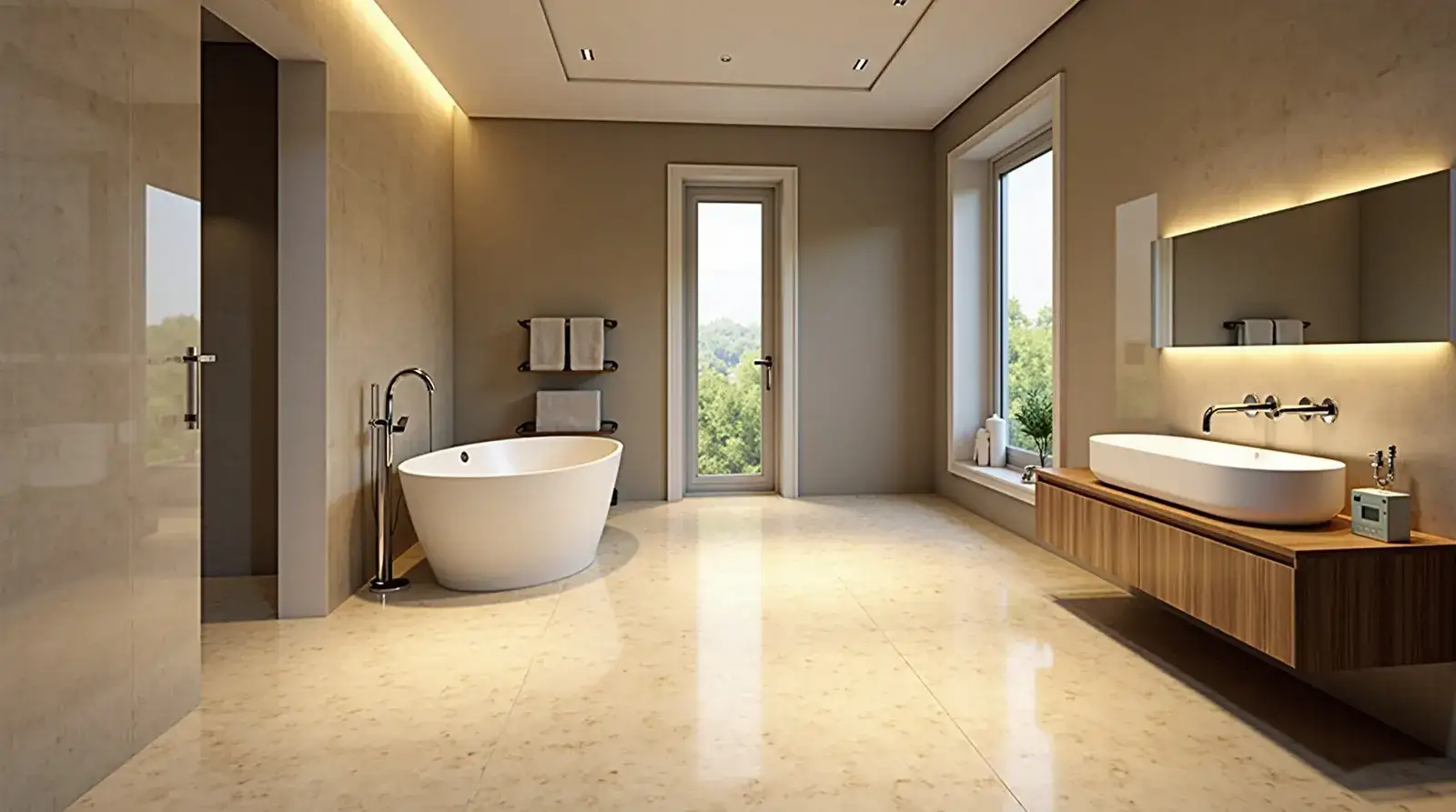 PVC steenlook vloer badkamer Amsterdam Elegante spa-achtige badkamer Amsterdam met natuurlijke steenlook PVC vloer, realistische kalksteen textuur in warme beige tinten, luxe moderne armaturen, veel natuurlijk daglicht, clean minimalistisch design, serene vredige sfeer, architecturale interieur fotografie, premium kwaliteit materialen