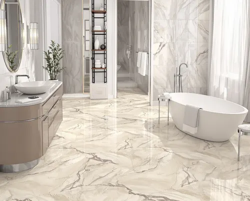 Steenlook PVC vloer met natuurlijke marmer travertijn textuur in elegante badkamer