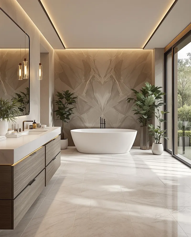 Luxe badkamer met kalksteen look PVC vloer spa sfeer vrijstaand bad natuurlijk licht planten serene elegant