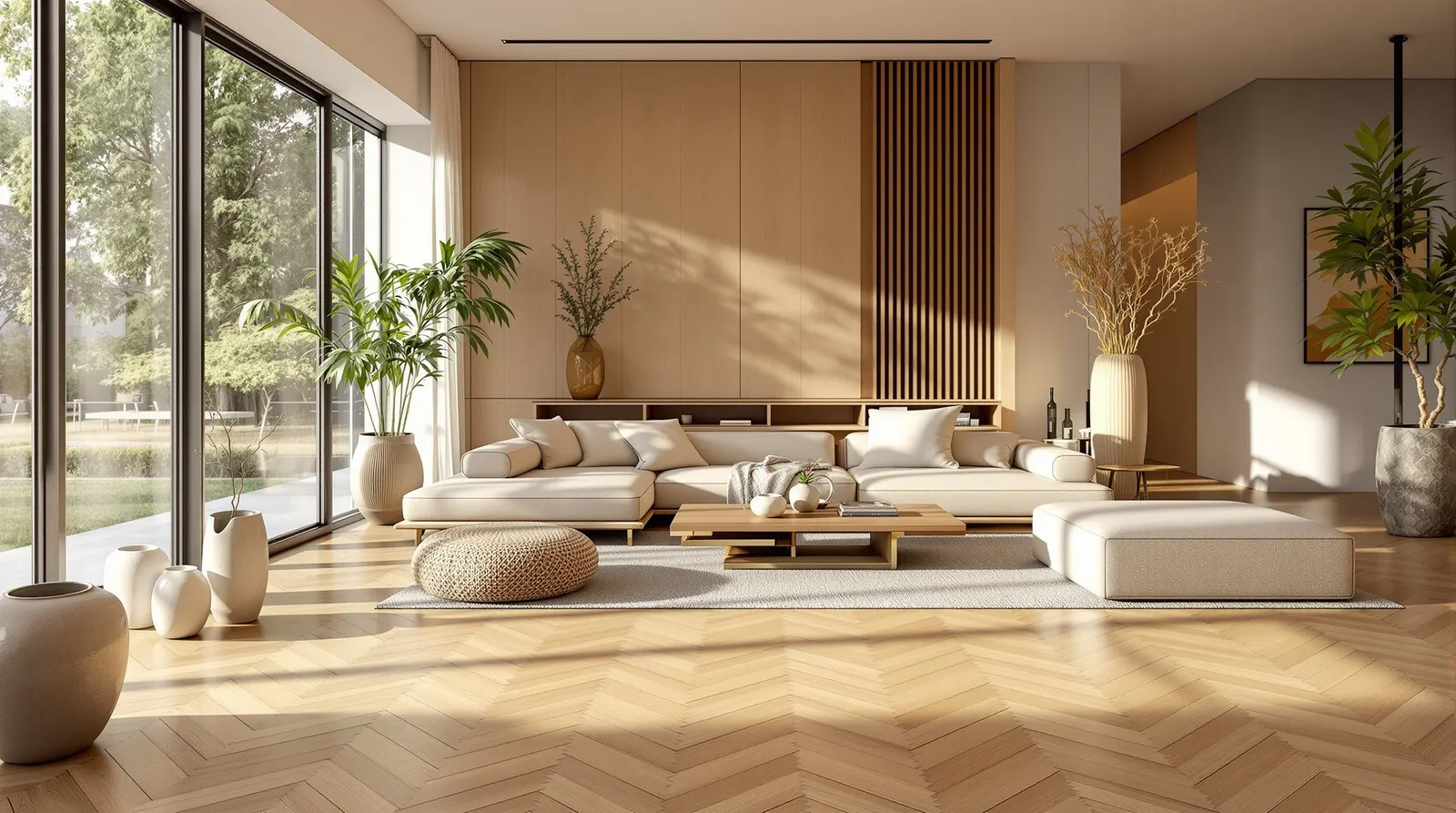 Visgraat PVC vloer in Japandi woonkamer Amsterdam Rotterdam Utrecht - herringbone patroon in lichte eiken tonen