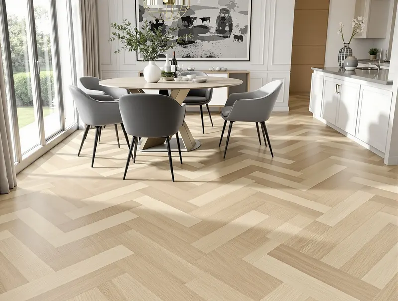 Klassiek visgraat PVC vloer patroon - traditioneel 90 graden herringbone in lichte eiken tonen vanaf €80/m²