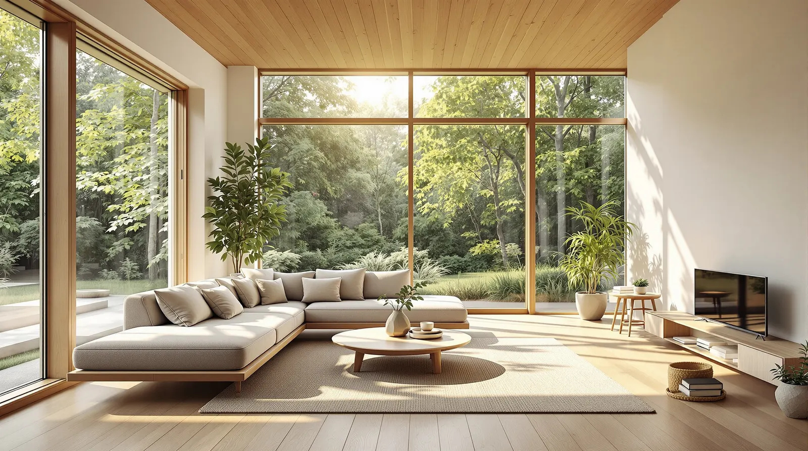 Brede plank PVC vloer in Japandi interieur