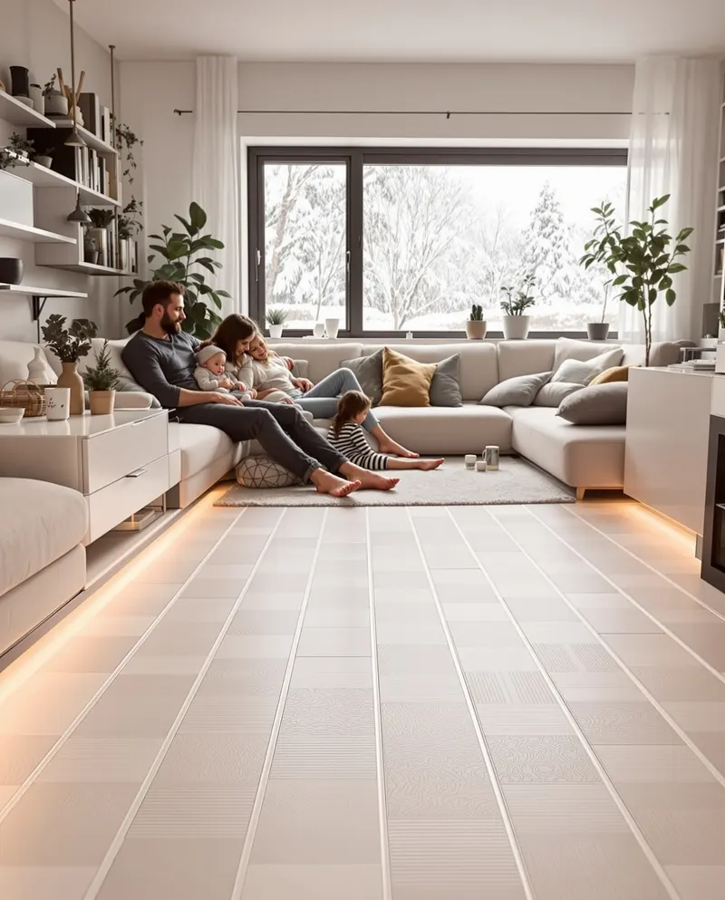 Comfortabele moderne woonkamer Rotterdam met PVC vloer en vloerverwarming, gezellige sfeer, gezin ontspannend blootsvoets op warme vloer, winterscene met sneeuw buiten raam, kamerplanten, zachte verlichting, hygge interieur design