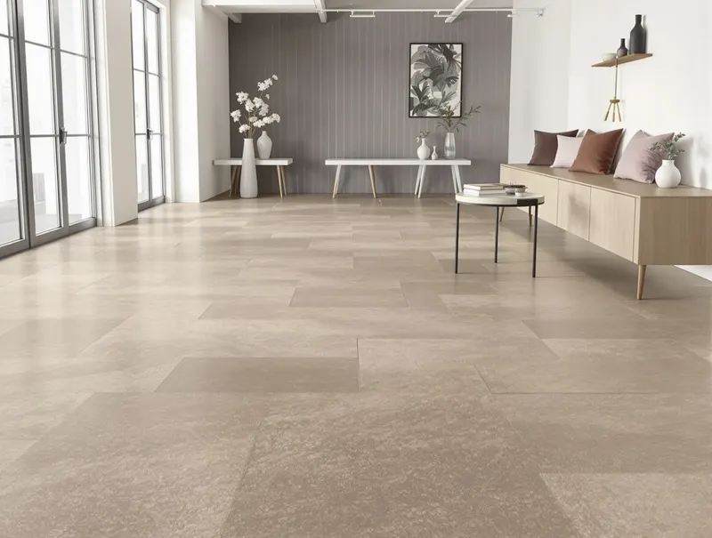 Industriële moderne woonkamer Amsterdam met betonlook PVC vloer, grijze tinten, minimalistisch meubilair, urban loft stijl, bakstenen muur, metalen accenten, eigentijds design, open ruimte concept
