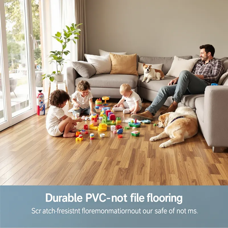 Gezinswoonkamer Amsterdam met duurzame PVC houtlook vloer, kinderen spelend met speelgoed op vloer, huisdier hond comfortabel liggend, ouders ontspannend op bank, natuurlijk daglicht, warme gezellige sfeer, krasbestendige vloer, gezinsvriendelijk interieur