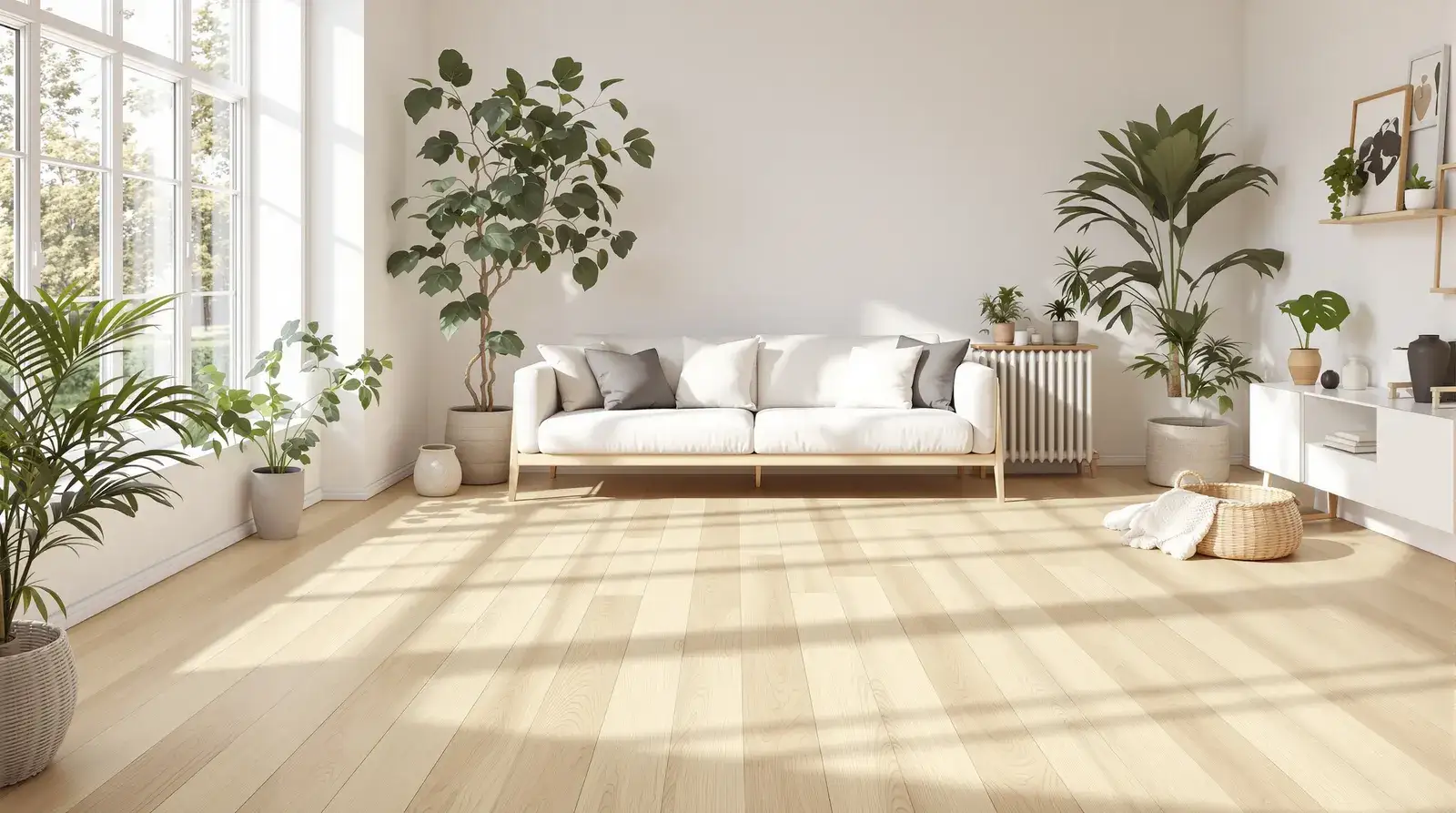 Premium PVC houtlook vloer in gezellige moderne woonkamer Amsterdam met warme eiken tinten, comfortabele grijze bank, natuurlijk daglicht door grote ramen, kamerplanten, warme uitnodigende sfeer, Scandinavisch interieur design, gezinsvriendelijke ruimte, minimalistisch decor