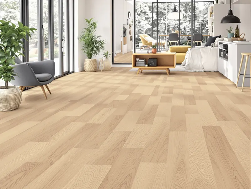 Lichte eiken PVC houtlook vloer met rechte planken in eigentijdse minimalistische woonkamer Rotterdam, Scandinavisch design, veel natuurlijk licht, strakke lijnen, modern comfortabel meubilair, luchtig ruimtelijk gevoel